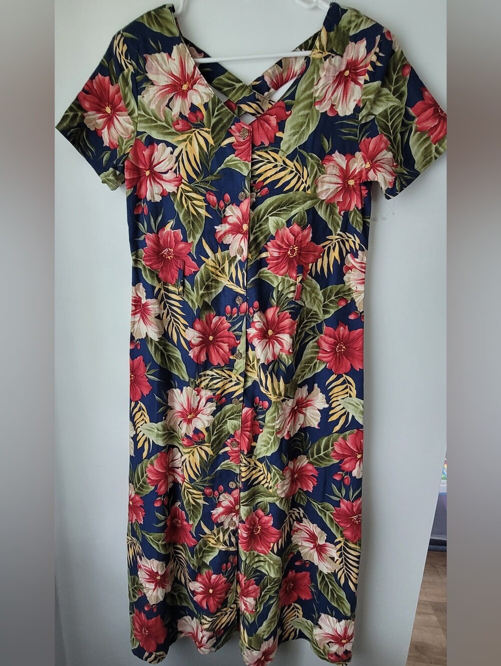 Allison Gray Navy Floral Tropical Print Button-Front Maxi Dress Size 6